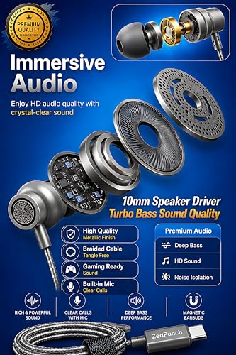 Image of Gaming Type-C Wired Earphone with Mic, 10mm Dynamic Bass Driver, Magnetic in-Ear Headphones, Low Latency Sound for Gaming, 1 Button Control, HD Calling, Voice Assistant, (Gray)