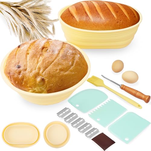 Set di Cestino Lievitazione Pane,Cestini lievitazione Pane Pieghevole in Silicone,Rotondo e ovale,Include Spazzola in Silicone,Rastrello in Legno,Raschietto in Plastica