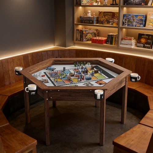 ComeWay Board Game Table with Rotating Cup Holders for 6 Players Hexagon Gaming and Dining Table with Removable Table Top & Non-Slip Play Mat Multifunctional Table with for DND/Poker/Card Games