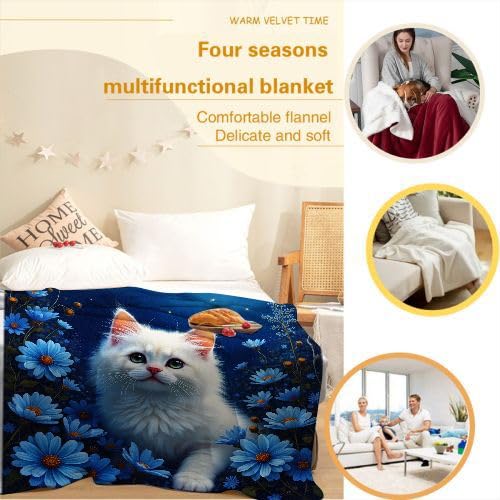 Manta Polar 220 x 240 Flores Azules y Gato, Mantas para Cama 105 de Franela Cálida y Cómoda para Niños y Adultos, Mantitas para Sofá Reversible para Cubre Sofa Colchas, Fácil de cuidar