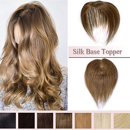 100% Real Human Hair Silk Base Top Hairpiece Clip in Hair Topper for Women Crown in Hand-made Toppee Middle Part with Thinning Hair Loss Hair #6 Light Brown 14''23g