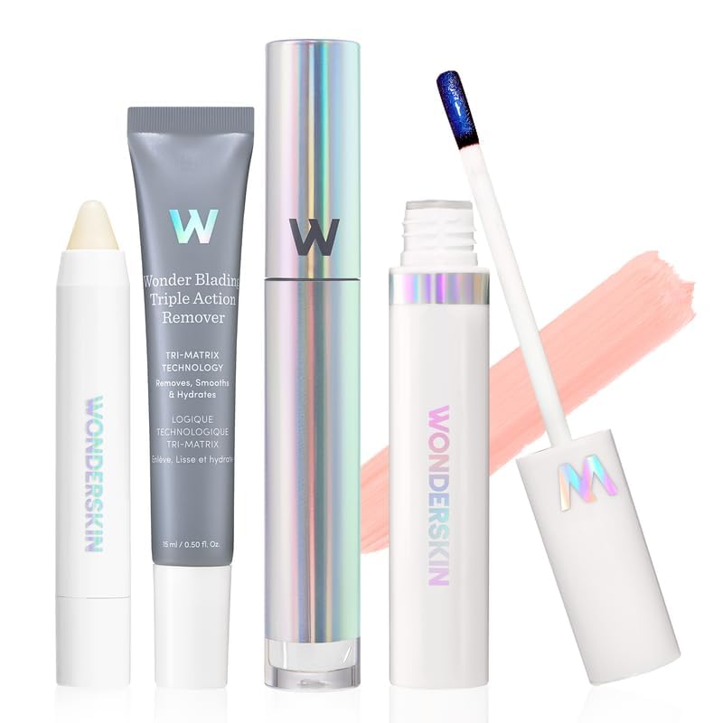 Wonderskin Wonder Blading Lip Stain Super Set - Long Lasting Nude Tint With Clear Top Gloss, Lip Exfoliator Scrub & Makeup Remover (Adore)