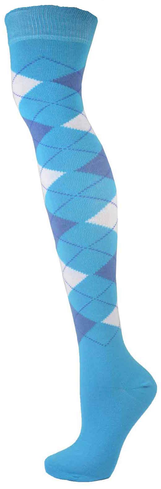Cotton Rich Over The Knee Argyle Diamond Design Socks (Blue/Turquoise)