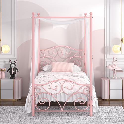 Image of VECELO Metal Canopy Bed Frame Twin Size, 4 Posters Platform Mattress Foundation with Headboard, Heavy Duty Steel Slats Support, No Box Spring Needed, Pink