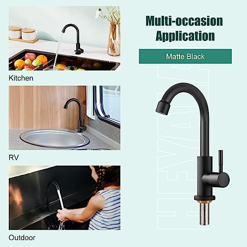 Matte Black Cold Water Only Kitchen Faucet Single Handle 1 Hole Deck Mount 360 Degree Swivel Spout High Arc Sus304 Stainless Steel Sink Bar Tap Goose Neck With Hose(Drain Not Included) #TOP3