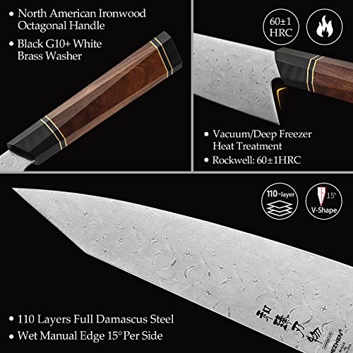 Foto von HEZHEN 21.5cm Kiritsuke Kochmesser 110 Lagen Volles Damaskus Stahl Küchenmesser Achteckiger Griff Multifunktionsmesser mit magnetischer Holzscheide und Holzkiste