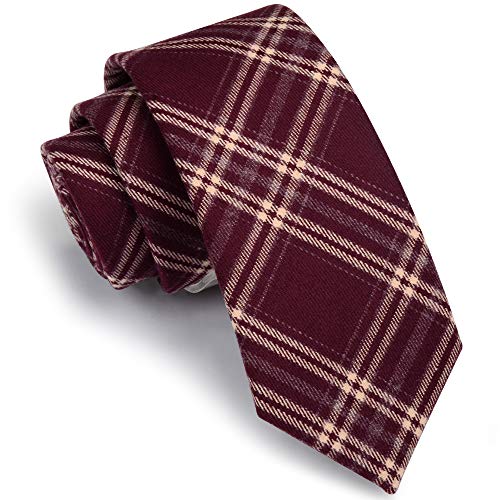 GUSLESON 2.8"(7cm) Plaid/Striped Necktie Tartan Woven TR Material Tie + Gift Box, Burgundy/White