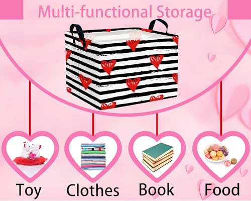 Image of Valentines Day Basket for Kids Heart Shaped Empty Storage Bins for Gifts with Handles Room Decor (Black Dash Red Love)