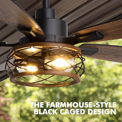 Image of 52 Inch Farmhouse Ceiling Fan with Lights and Remote, Dual Finish 5 Blades, 6-Speed Adjustable, Quiet & Reversible DC Motor, Rustic Caged Ceiling Fan for Bedroom Living Room Outdoor Covered Patio