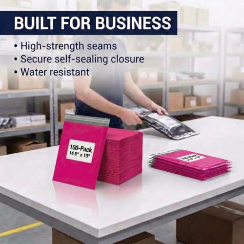 Image of BOX USA Shipping Bags 14 x 19 (100-Pack) Pink - Large Heavy Duty Self-Adhesive Envelope Poly Mailers for Packing