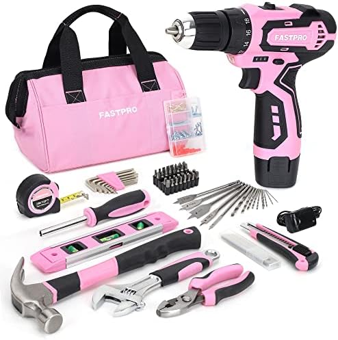 FASTPRO 175-Piece 12V Pink Drill Set, Cordless Lithium-ion Drill Driver and Home Tool Kit, House Repairing Tool with 12-Inch Storage Tool Bag, For DIY, Home Maintenance.