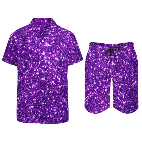 Purple Glittery Sparkles Men's Tropical Short Sleeve Two Piece Suit, Suitable for Vacation, Beach And Casual Wear2