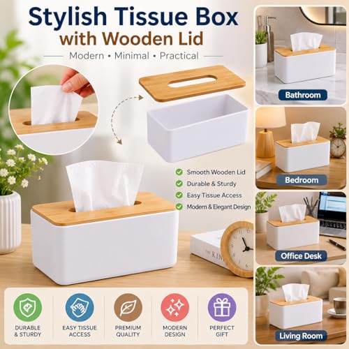 Image of Tissue Box, White with Wooden Color Cover