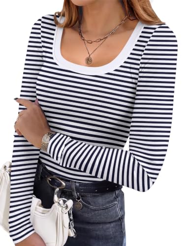 Image of Ekouaer Womens Long Sleeve Shirts Square Neck Ribbed Thermal Undershirts