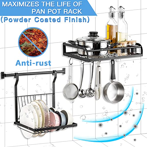 Etechmart Hanging Pot Rack, 3 In 1 Wall Mounted Pan Holder With 10 Hooks, Heavy Duty Dish Rack Cookware Organizer, Kitchen Storage Shelf For Utensils, 2 Installation Way, Easy Assembly, Black #TOP1