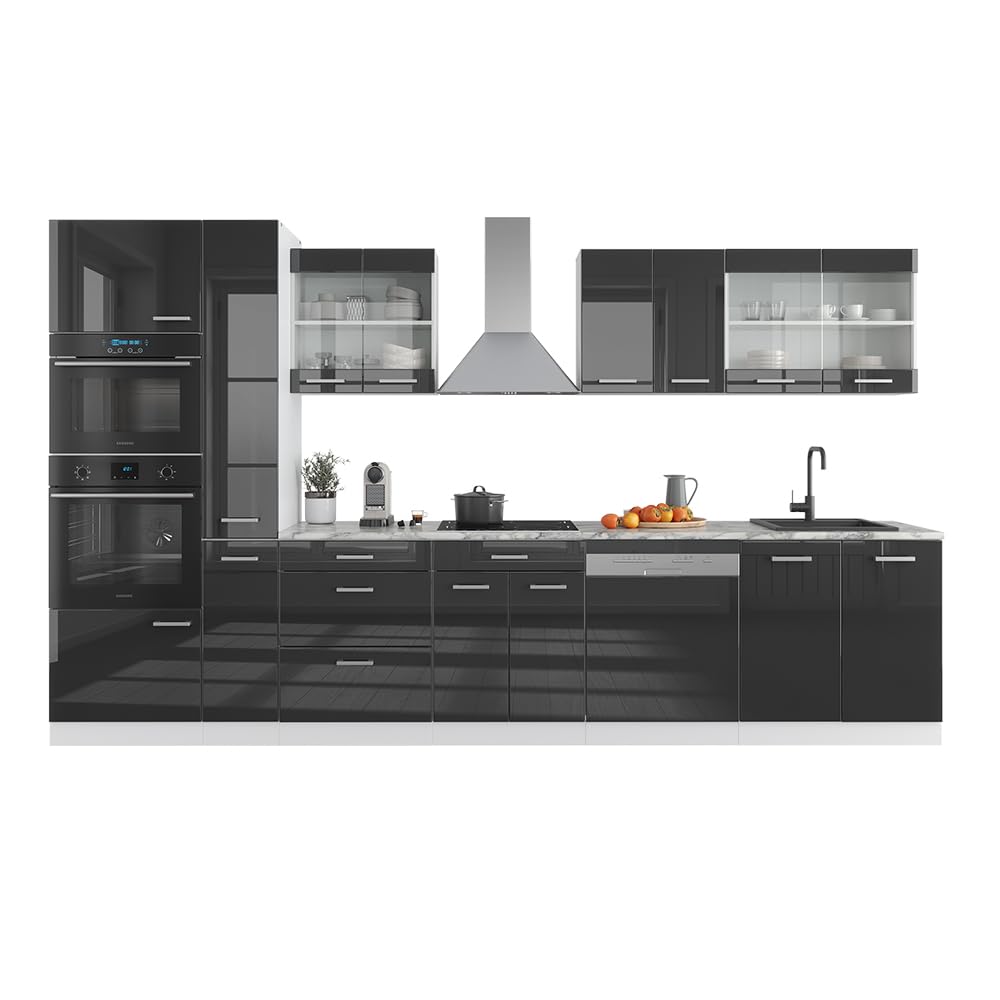 Vicco Cucina componibile R-Line, Antracite lucido/bianco, 350 cm con armadio alto, senza piano di lavoro, adatto per disposizione e ampliamento personalizzati