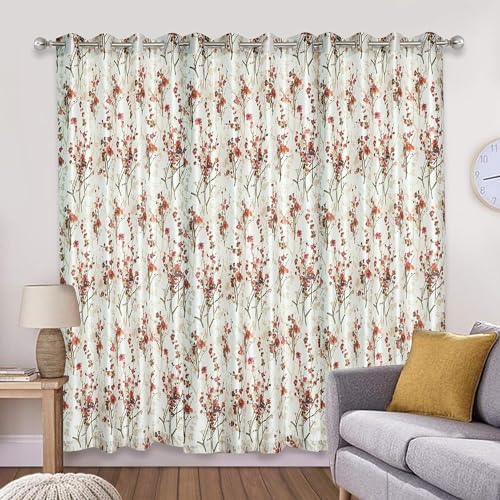 Image of Polyester Floral Print Light Filtering Long Door Curtain for Bedroom Living Room, 9 feet Long, Orange, Set of 1