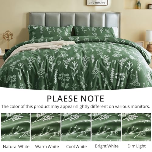 MUXHOMO Duvet Cover Queen Size, Reversible Floral Dark Green Duvet Cover Set with Zipper Closure, 3 Pieces Botanical Patterns Soft Microfiber Bedding Set with 4 Ties (90"x90", 2 Pillow Cases)