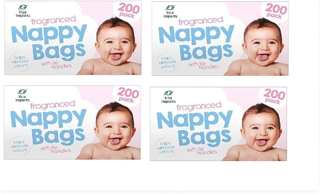 4 Boxes x 200 (800) Baby Fragranced Scented Nappy Bags with EASY TIE Handles Disposable Sacks