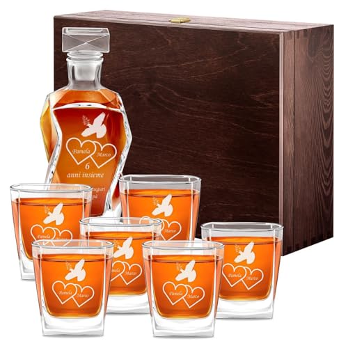 Maverton Set Decanter per Whisky in vetro - da 700 ml - incisione personalizzata - Caraffa con 6 bicchieri - idea regalo per l'anniversario - La colomba