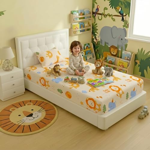 Image of Filymore Kids Single Bed Sheet Set with 1 Pillow Cover - Cute Cartoon Elephant & Lion Print, 240 TC Soft Microfiber Bedsheet for Kids Single Bed, Cream Orange Blue Bedspread, 90x60 Inch