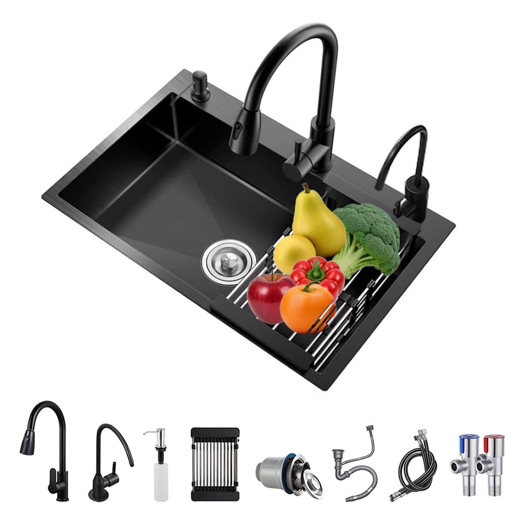 Black Drop in Kitchen Sink with Faucet,Large Capacity Topmount Utility Workstation Single Bowl Sink with Multiple Accessorie (60 * 45 * 20cm)