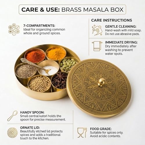 Image of Mandala-Etched Pure Brass Spice Box with Spoon (7 Detachable Containers, 120 ML Each) | Traditional Masala Dabba | Premium Brass Masala Dani | Kitchen Spice Storage Container