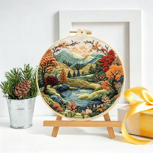 Image of EUBUY Embroidery Kit for Beginners, Nature Landscape Pre-Stamped Pattern Kits for Adults, Hand Embroidery Kit with Hoop, Color Threads,Tools for Craft Lover Hand Stitch
