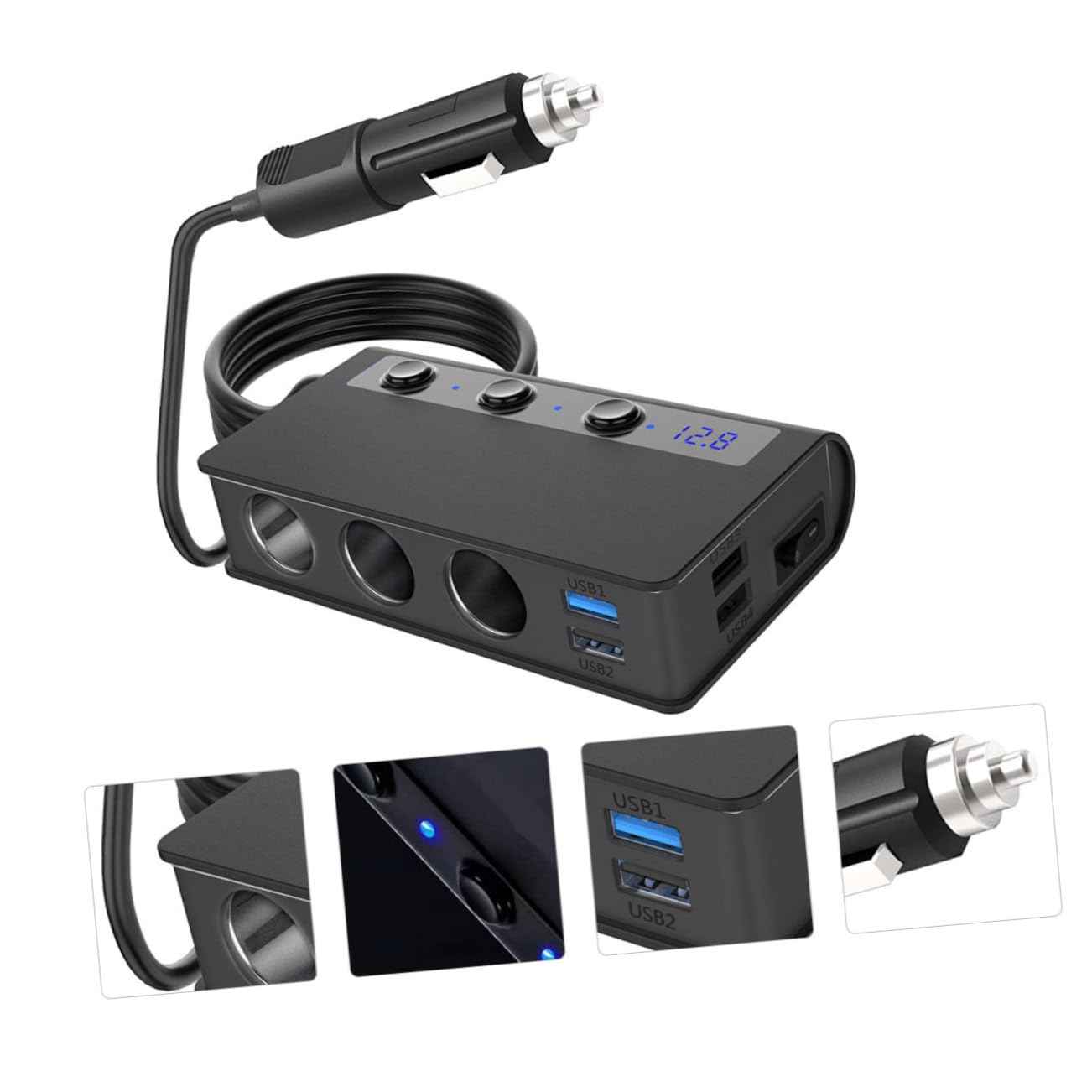 Veemoon Caricatore da Auto Adattatore Accendisigari 3 in 1, 4 Porte Usb, 180w Max, Interruttore Indipendente, per Telefoni Cellulari e Mp3