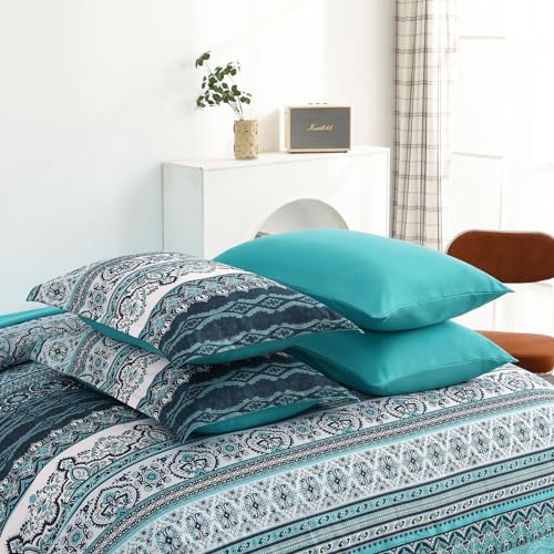 Image of Cottolester Boho King Size Comforter Set 8 Pieces, Teal Comforter Bohemian Striped Bed in A Bag, Soft Microfiber Bedding Set for All Seasons