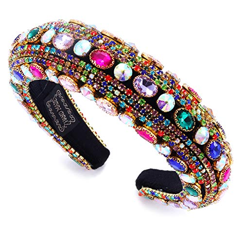 Rhinestone Headband for Women Bejeweled Crystal Padded Headband Wedding Diamond Hairband Colorful Rainbow Baroque Gemstone Hair Accessories Wide Velvet Elastic Headband for Party (Colorful C)