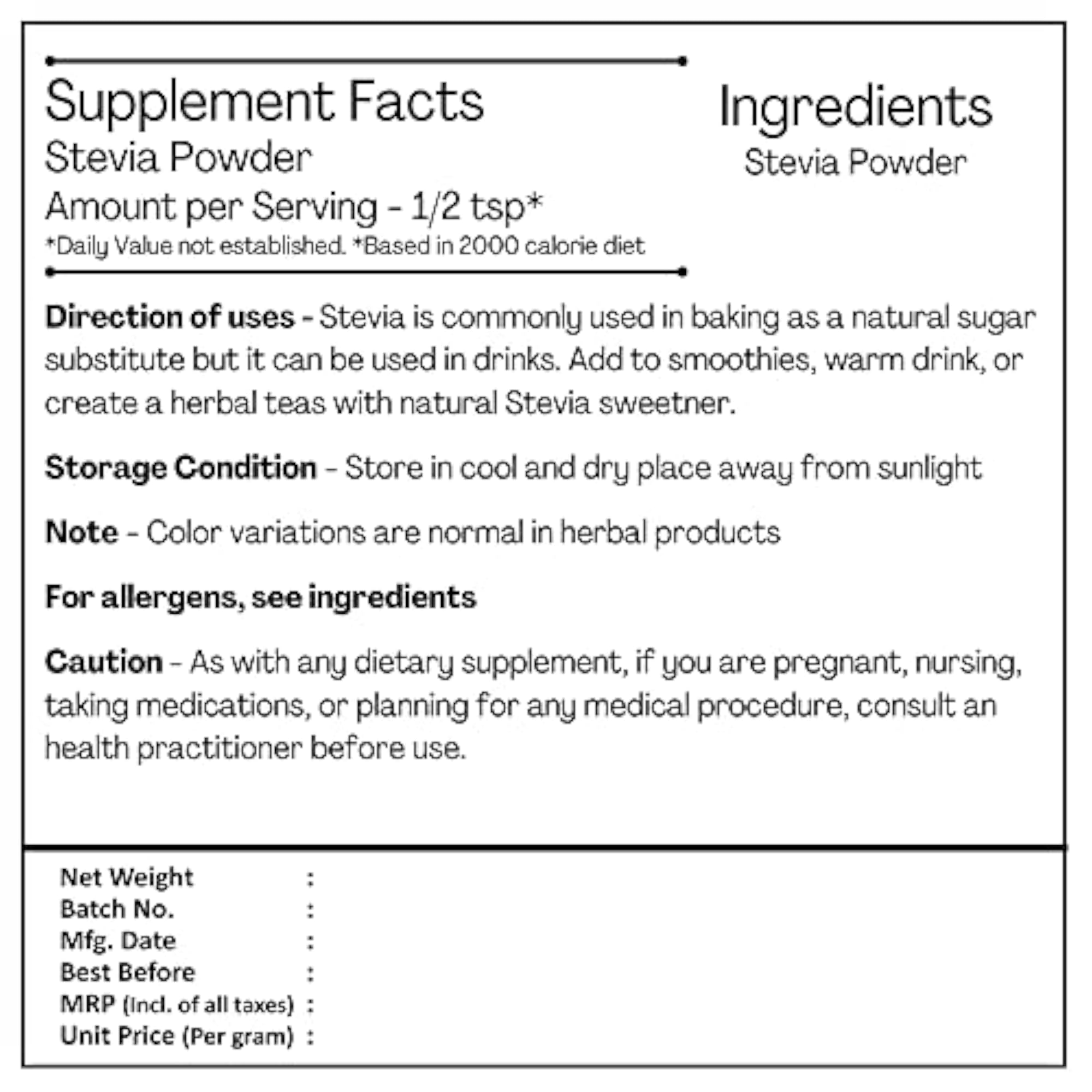 H&C Herbal Stevia Leaf Powder, Natural Sugar Substitute