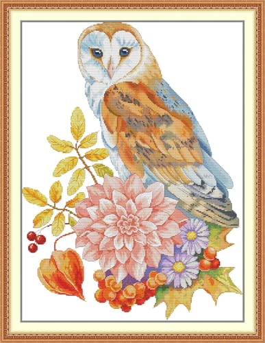Image of Stitchhaven 14CT Cute Animal Counted Cross Stitch Kit for Beginners, Unprinted Complete DIY Embroidery Set with Pattern & Tools, Premium Aida Cloth & Threads (The owl of Autumn)