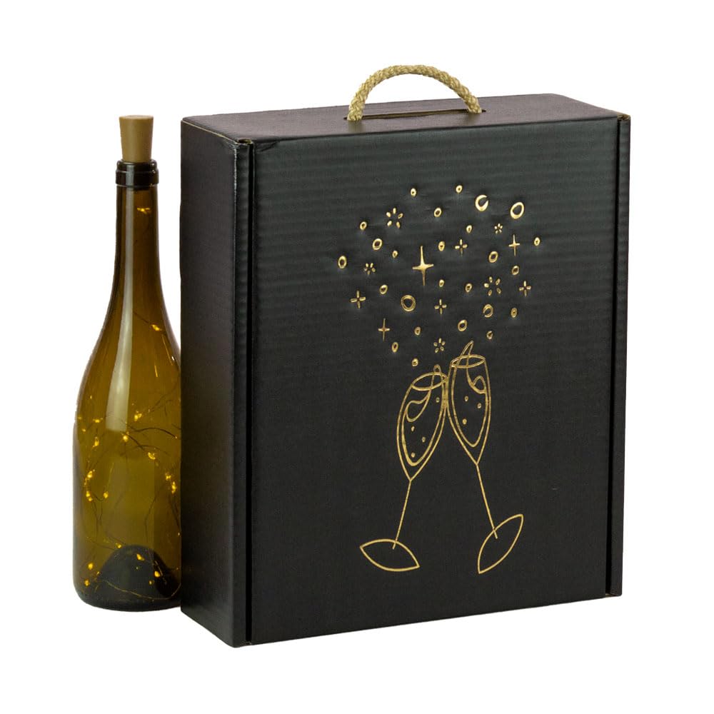 ONLY BOXES Lot de 4 boîtes élégantes pour 3 bouteilles de vin Cava avec poignée, carton recyclé, impression verres métallisés de couleur dorée