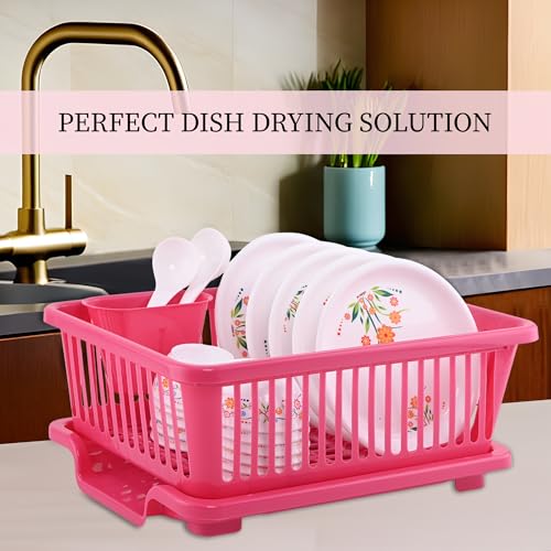 Image of Kuber Industries 2 Pcs Plastic Sink Dish Drainer Rack | 3 in 1 Large Durable Drainer Drying Rack Washing Basket with Tray | Home & Kitchen Dish Rack Organizers, Utensils Tools Cutlery - Pink