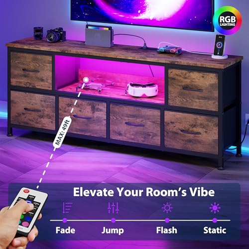 Lulive TV Stand for Bedroom, LED Rustic Brown Dresser for Living Room with 5 Fabric Drawers, 43 50in TV Stand with Power Outlet, Entertainment Center with Open Shelf