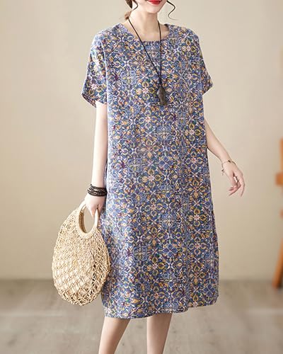 Image of LUZU JUNU Women's Summer Baggy Plus Size Loose Cotton Linen Long Boho Beach Dress with Pockets