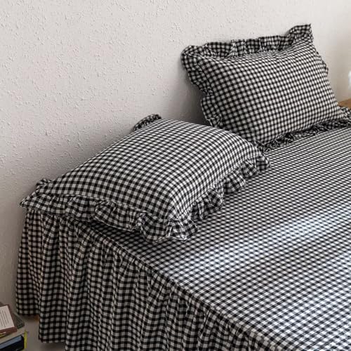 Image of MKXI Black and White Gingham Duvet Cover Twin, 3-Piece Ruffled Bedding Set - 100% Washed Cotton, Lightweight & Breathable - Modern Graphic Bold Comforter Cover for Farmhouse