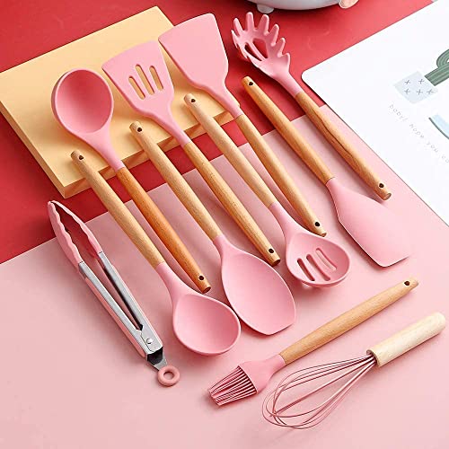 Image of Sakoraware Silicone Kitchen Utensils Spoon Spatula Cooking 12 Pcs Set | Baking Set | Non-Stick with Wooden Handle- BPA Free, Heat Resistant Item Flexible Non Toxic Silicon Cookware Tools with Holder