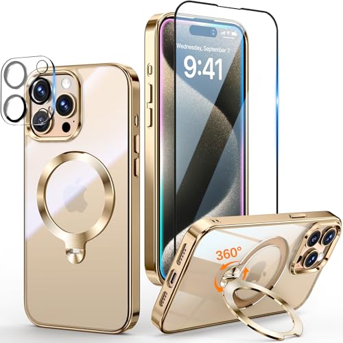 Yoouther 3 en 1 Funda Magnética para iPhone 15 Pro 6.1' [360° CD Soporte Invisible para MagSafe] [con Protector Pantalla & Protector Cámara] [Nunca Amarillo] Protección Militar Antigolpes, Oro