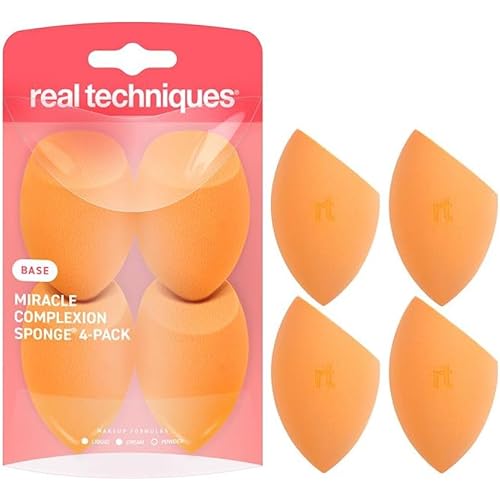 Real Techniques Miracle Complexion Sponge 4 Pack, Makeup Blending Sponges For Liquid & Cream Foundation & Skin Tints, Buildable Coverage, Natural, Dewy Base, Cruelty- Free, Latex-Free Foam