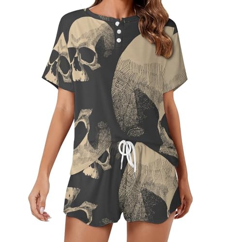 Pyjama femme manches courtes ensemble de pyjama été avec motif crâne rétro