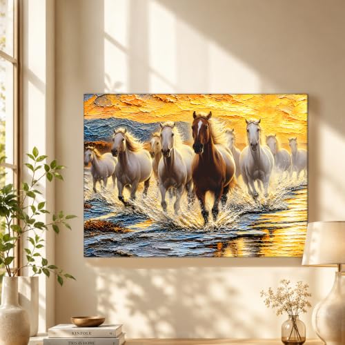 Image of PAINTINGMANTRA 9 Running Horses Vastu Stretched Canvas Painting For Living Room| Strength & Forward Energy Nine Horse Painting for Bed Room, Home & Office, 16x22 Inch