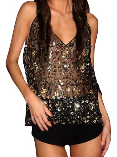 Womens Y2k Sequin Halter Top Sexy Spaghetti Strap V-Neck Sheer Mesh Beaded Cami Tops Sparkle Rave Crop Tops