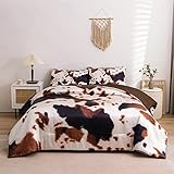 Aimuan Brown Cow Print Comforter Satin Luxury Silk Like Satin Silky Cozy Quilt Set Super Soft Cartoon Bedding Sets with 2 Matching Pillow Covers (Brown, Full 5Pcs)