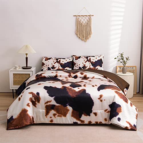 Aimuan Brown Cow Print Comforter Satin Luxury Silk Like Satin Silky Cozy Quilt Set Super Soft Cartoon Bedding Sets With 2 Matching Pillow Covers (Brown, Queen) #TOP2