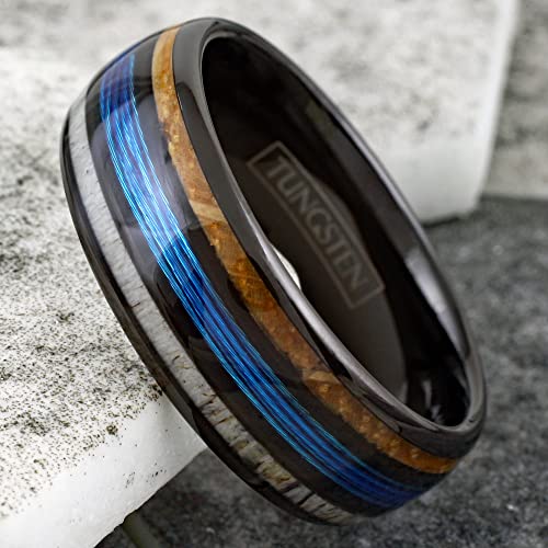Stunning Unique 6mm/8mm Polished Black Tungsten Carbide Low Dome Band Ring with Fishing Line Between Whiskey Barrel Oak Wood and Deer Antler Inlays.3