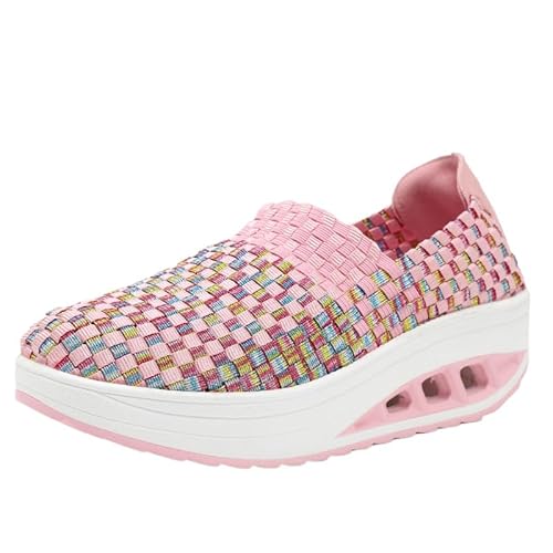 Hhhchpm Women's Woven Air Cushion Orthopedic Sneakers, Fashion Wedge Platform Slip on Loafer Walking Shoes with Arch Support, Comfortable Casual Stretch Toning Rocker Shoes (Pink,6)