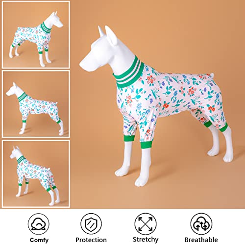 Lovinpet Onesies For Big Dog, Base Layer Dog Pjs Under Dog Sweater, Uv Protection High Collar Dog Jumpsuit, 4 Leg Large Dog Apparel, Stretchable Three-Color Floral Prints Big Dog Jammies M #TOP2