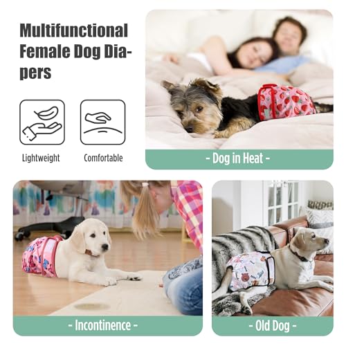 Image of wegreeco Female Dog Diapers, Washable Reusable Pet Puppy Doggie Diapers for Small Medium Large Female Dogs in Heat Period, Doggy Period Panties, 5 Pack, X-Large, Strawberries